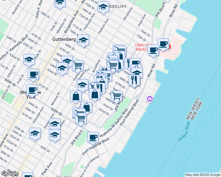 map of restaurants, bars, coffee shops, grocery stores, and more near 6612B Lincoln Place in West New York