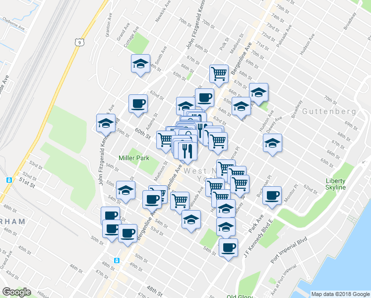 map of restaurants, bars, coffee shops, grocery stores, and more near 6019 Bergenline Ave in West New York