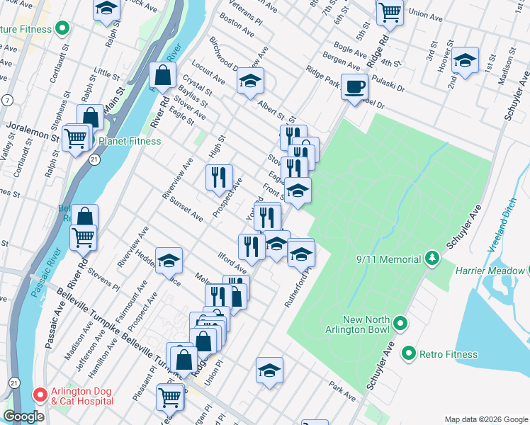 map of restaurants, bars, coffee shops, grocery stores, and more near 40 York Road in North Arlington