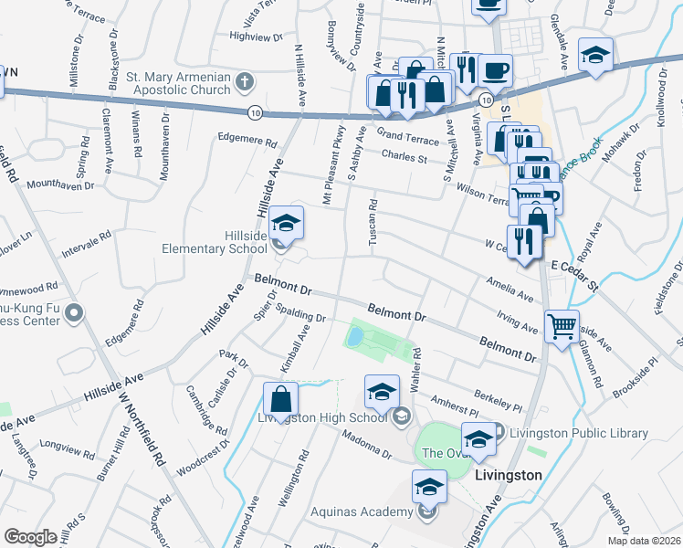 map of restaurants, bars, coffee shops, grocery stores, and more near 76 South Ashby Avenue in Livingston