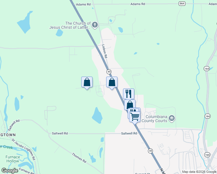 map of restaurants, bars, coffee shops, grocery stores, and more near 7629 Ohio 45 in Lisbon
