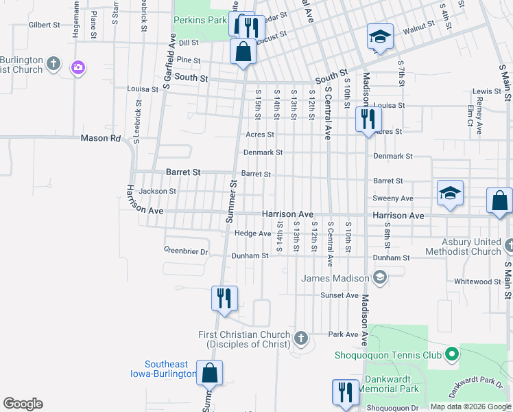 map of restaurants, bars, coffee shops, grocery stores, and more near 1823 South 15th Street in Burlington