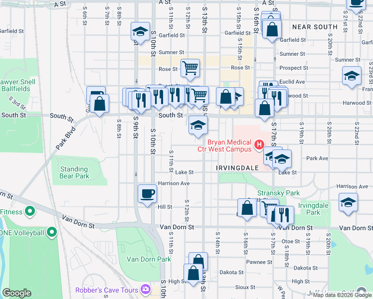 map of restaurants, bars, coffee shops, grocery stores, and more near 1125 Saratoga Street in Lincoln
