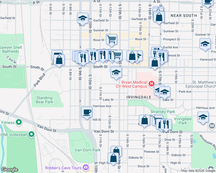 map of restaurants, bars, coffee shops, grocery stores, and more near 1125 Saratoga Street in Lincoln