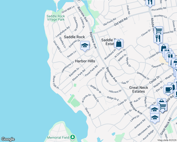 map of restaurants, bars, coffee shops, grocery stores, and more near 14 Pond Park Road in Great Neck