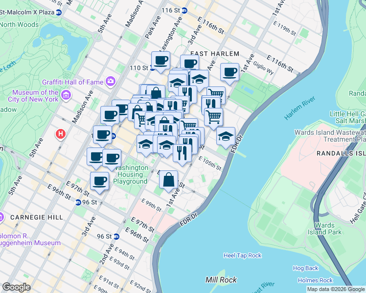 map of restaurants, bars, coffee shops, grocery stores, and more near 347 East 105th Street in New York