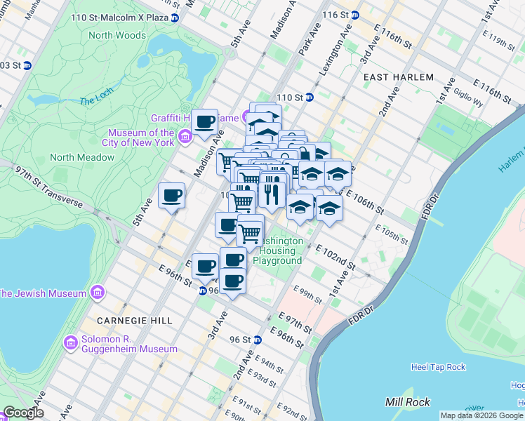 map of restaurants, bars, coffee shops, grocery stores, and more near 175 East 102nd Street in New York