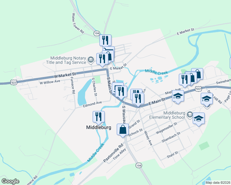 map of restaurants, bars, coffee shops, grocery stores, and more near Spade St in Middleburg