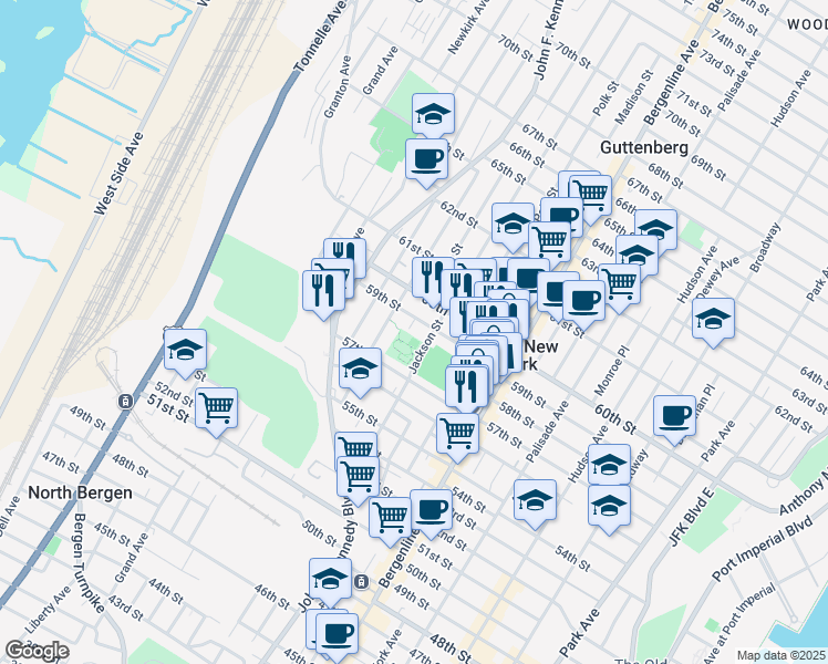 map of restaurants, bars, coffee shops, grocery stores, and more near 5812 Adams Street in West New York