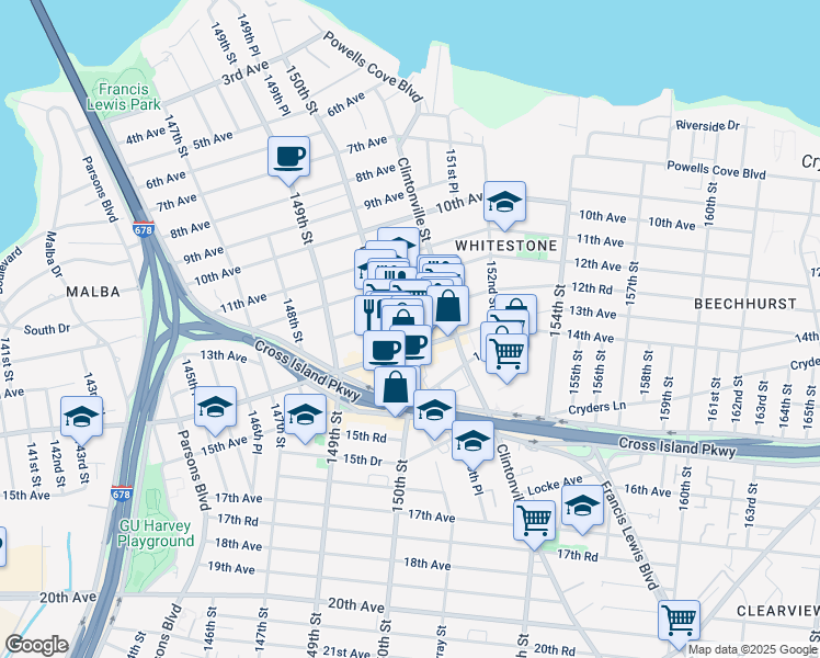 map of restaurants, bars, coffee shops, grocery stores, and more near 12-47 150th Street in Queens