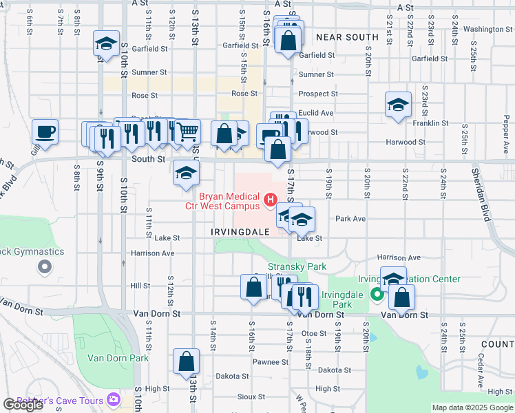 map of restaurants, bars, coffee shops, grocery stores, and more near 2222 South 16th Street in Lincoln