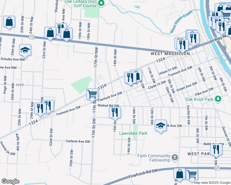 map of restaurants, bars, coffee shops, grocery stores, and more near 1440 Tremont Avenue Southwest in Massillon