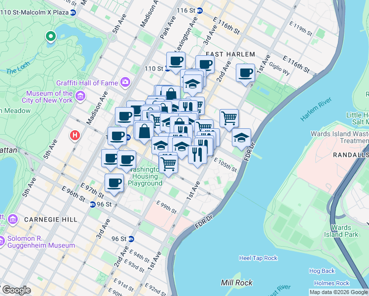 map of restaurants, bars, coffee shops, grocery stores, and more near 308 East 105th Street in New York