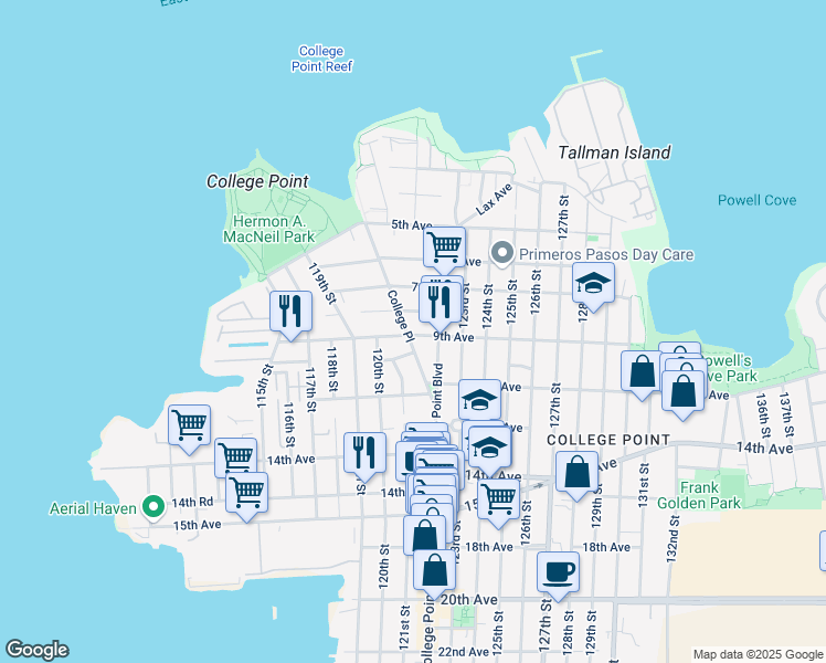 map of restaurants, bars, coffee shops, grocery stores, and more near 8-21 College Place in Queens