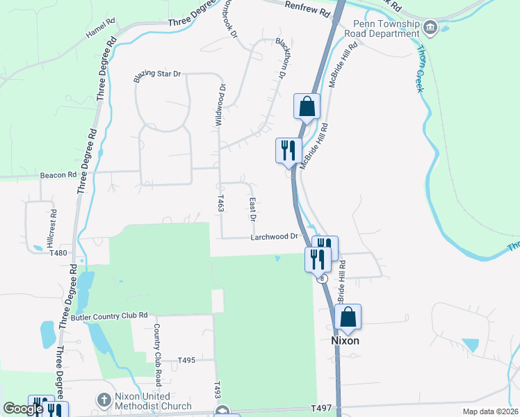 map of restaurants, bars, coffee shops, grocery stores, and more near 1229 East Drive in Butler