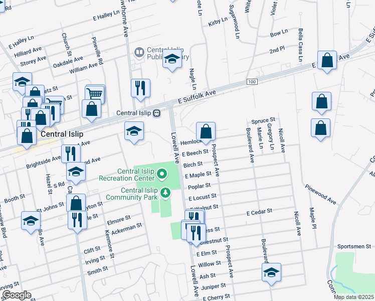 map of restaurants, bars, coffee shops, grocery stores, and more near 5 East Beech Street in Central Islip