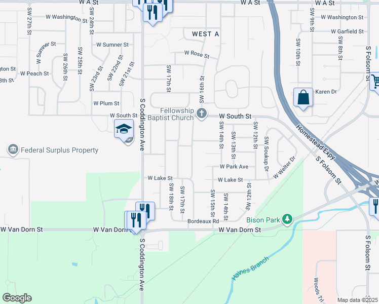 map of restaurants, bars, coffee shops, grocery stores, and more near 2333 Southwest 16th Street in Lincoln