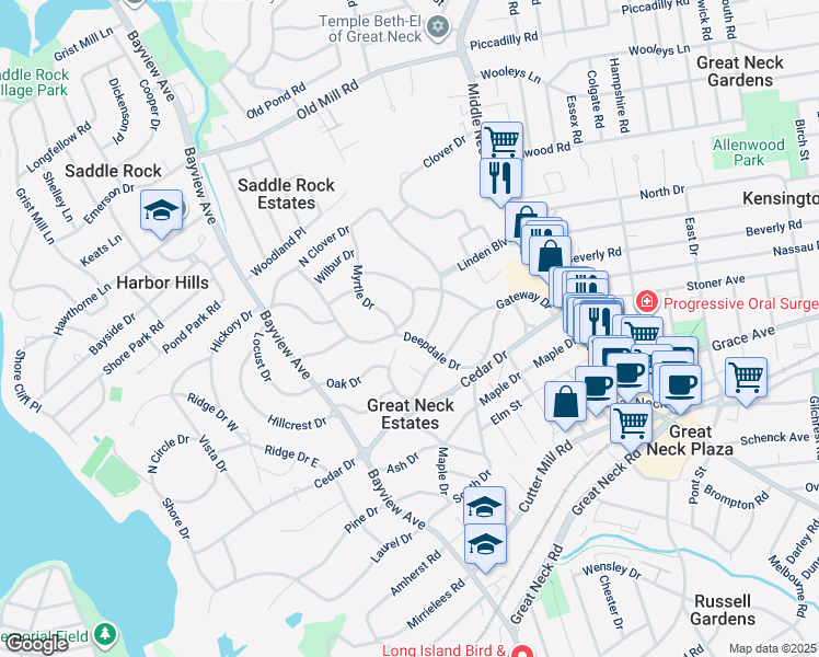 map of restaurants, bars, coffee shops, grocery stores, and more near 6 Tulip Drive in Great Neck