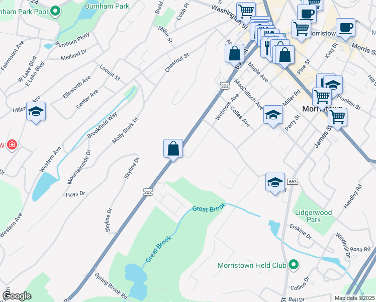 map of restaurants, bars, coffee shops, grocery stores, and more near 84 Mount Kemble Avenue in Morristown