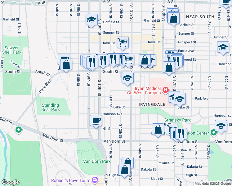 map of restaurants, bars, coffee shops, grocery stores, and more near 1125 Saratoga Street in Lincoln