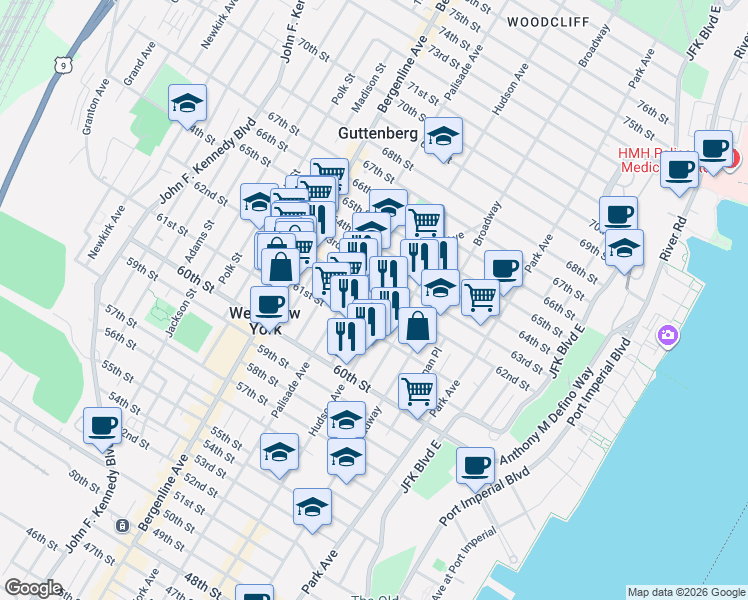 map of restaurants, bars, coffee shops, grocery stores, and more near 311 62nd Street in West New York