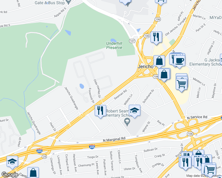 map of restaurants, bars, coffee shops, grocery stores, and more near 17 Holiday Pond Road in Jericho