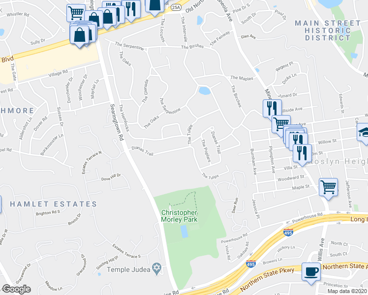 map of restaurants, bars, coffee shops, grocery stores, and more near Dianas Trail in Roslyn