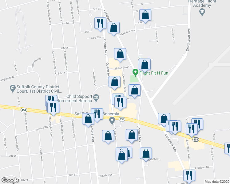 map of restaurants, bars, coffee shops, grocery stores, and more near 701 Koehler Avenue in Ronkonkoma