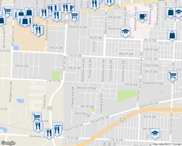 map of restaurants, bars, coffee shops, grocery stores, and more near 1218 Roslyn Avenue Southwest in Canton