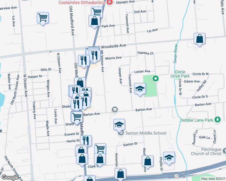 map of restaurants, bars, coffee shops, grocery stores, and more near 61 Mount Vernon Avenue in Patchogue