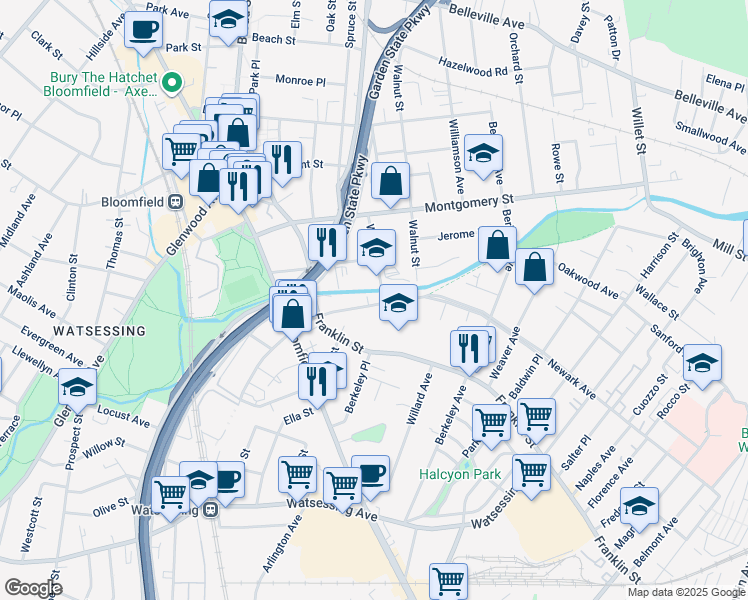 map of restaurants, bars, coffee shops, grocery stores, and more near 216 Newark Avenue in Bloomfield