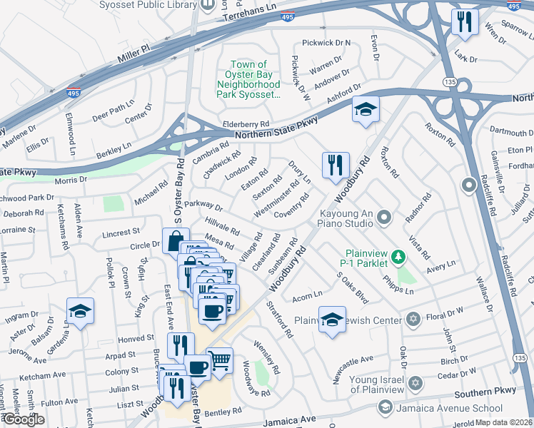 map of restaurants, bars, coffee shops, grocery stores, and more near 5 Westminster Road in Syosset