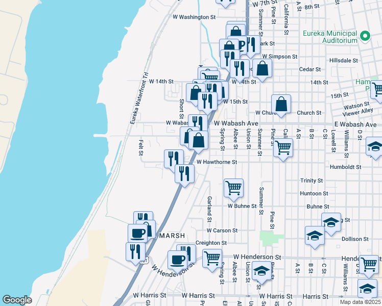 map of restaurants, bars, coffee shops, grocery stores, and more near 936 West Hawthorne Street in Eureka