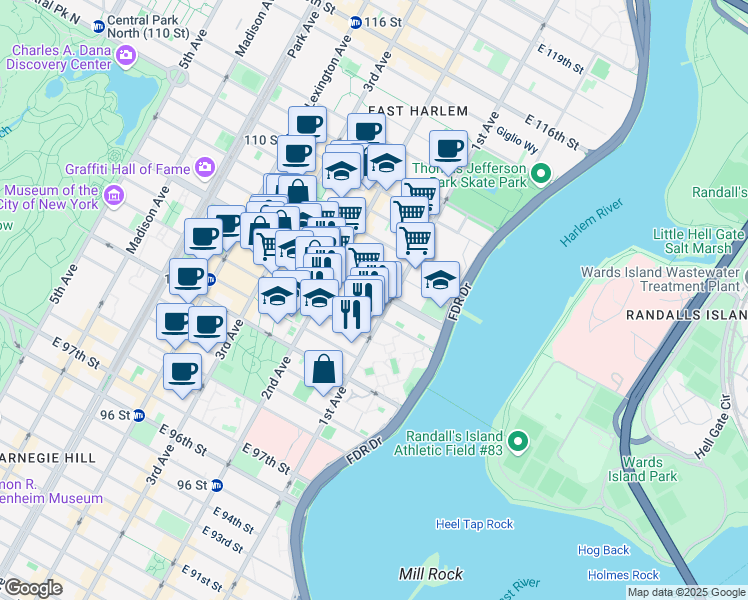 map of restaurants, bars, coffee shops, grocery stores, and more near 347 East 105th Street in New York