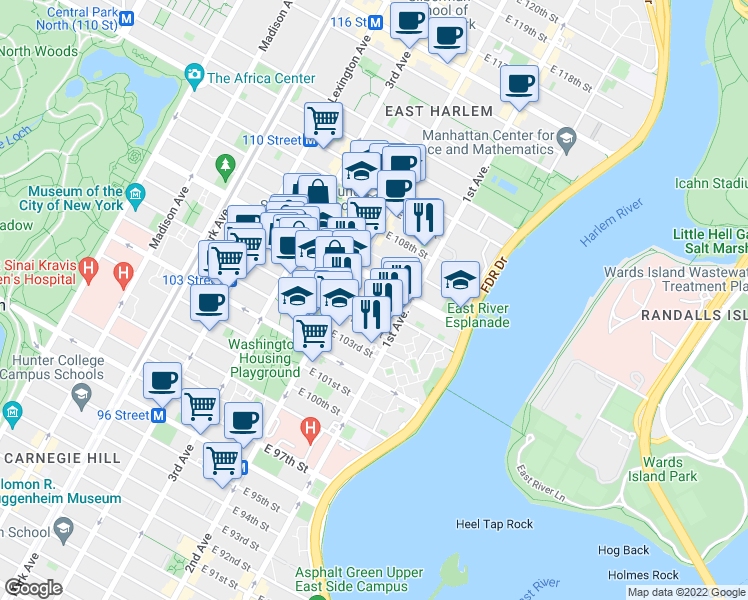 map of restaurants, bars, coffee shops, grocery stores, and more near 335 East 105th Street in New York
