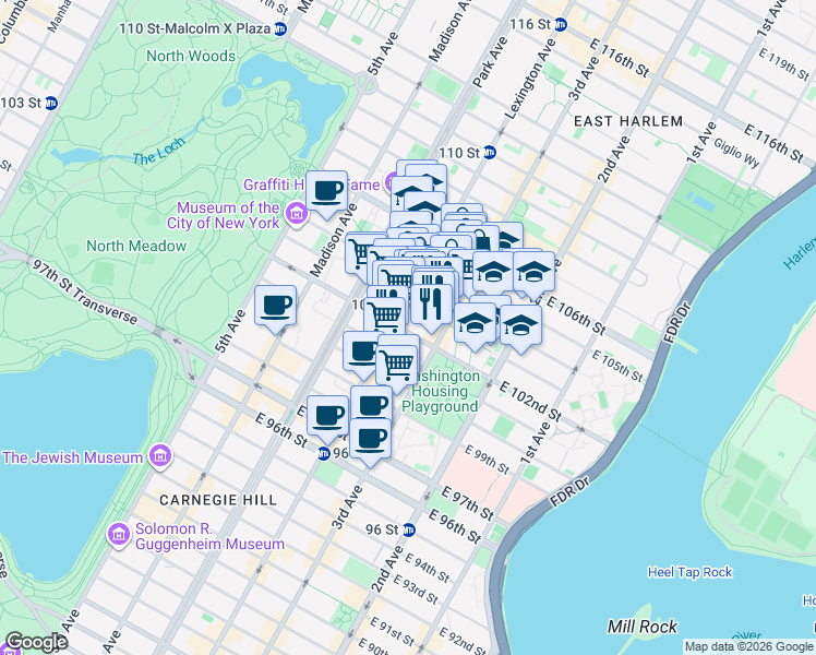 map of restaurants, bars, coffee shops, grocery stores, and more near 175 East 102nd Street in New York