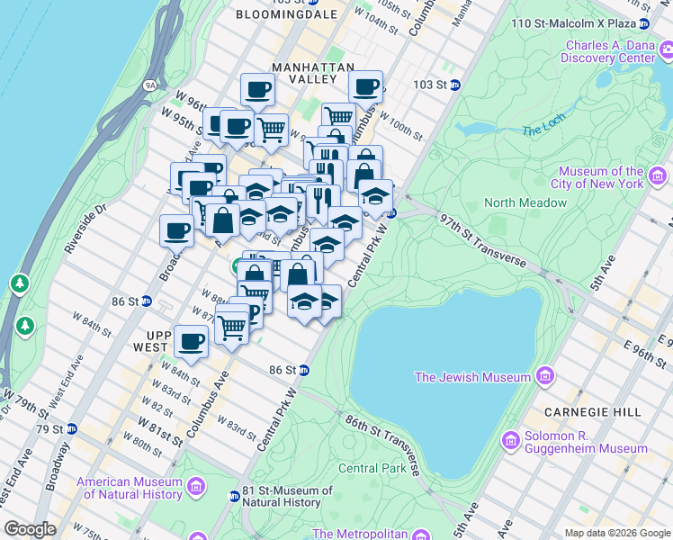 map of restaurants, bars, coffee shops, grocery stores, and more near 32 West 92nd Street in New York