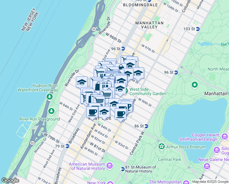 map of restaurants, bars, coffee shops, grocery stores, and more near 614 A Amsterdam Avenue in New York