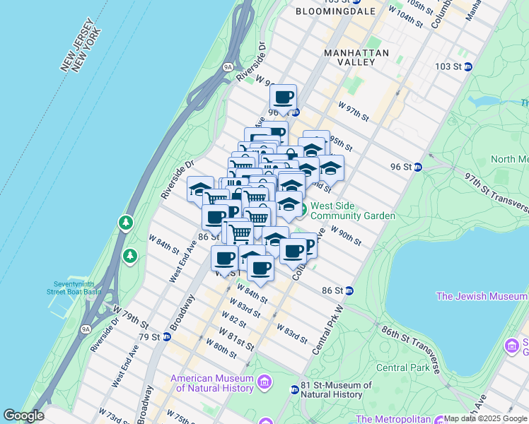 map of restaurants, bars, coffee shops, grocery stores, and more near 614 A Amsterdam Avenue in New York