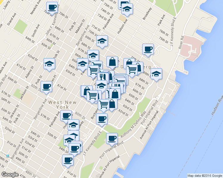 map of restaurants, bars, coffee shops, grocery stores, and more near 122 64th Street in West New York