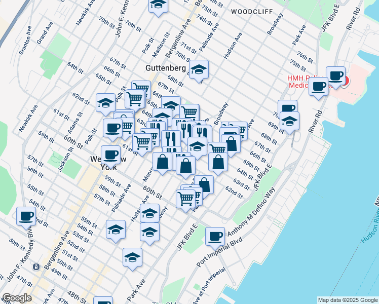 map of restaurants, bars, coffee shops, grocery stores, and more near 6200 Hudson Avenue in West New York