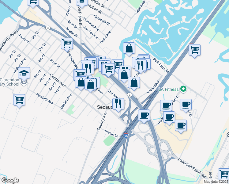 map of restaurants, bars, coffee shops, grocery stores, and more near 62 2nd Avenue in Secaucus