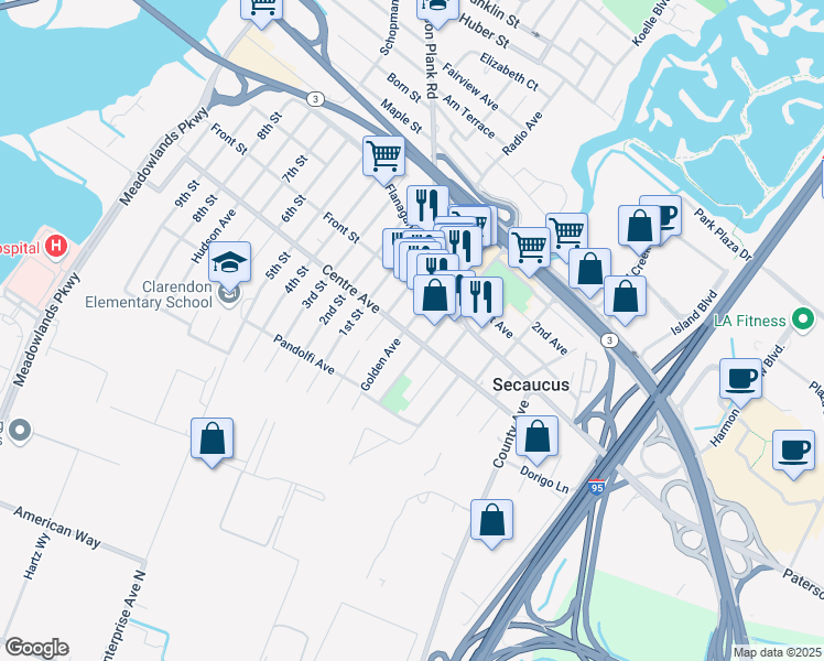map of restaurants, bars, coffee shops, grocery stores, and more near 135 Centre Avenue in Secaucus