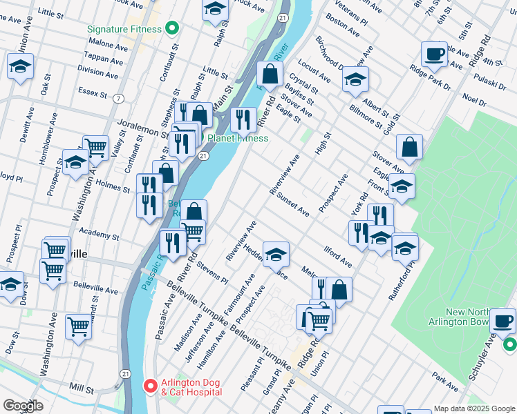 map of restaurants, bars, coffee shops, grocery stores, and more near 150 Riverview Avenue in North Arlington