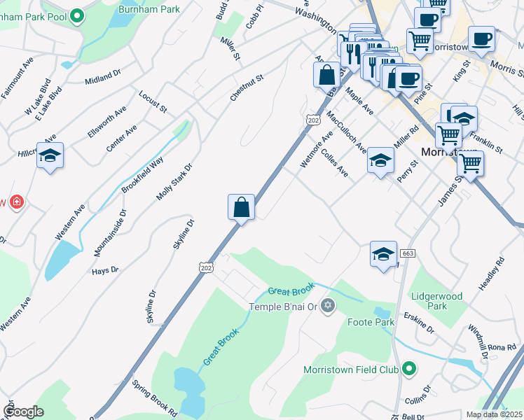 map of restaurants, bars, coffee shops, grocery stores, and more near 84 Mount Kemble Avenue in Morristown