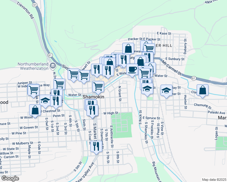 map of restaurants, bars, coffee shops, grocery stores, and more near 117 North 8th Street in Shamokin