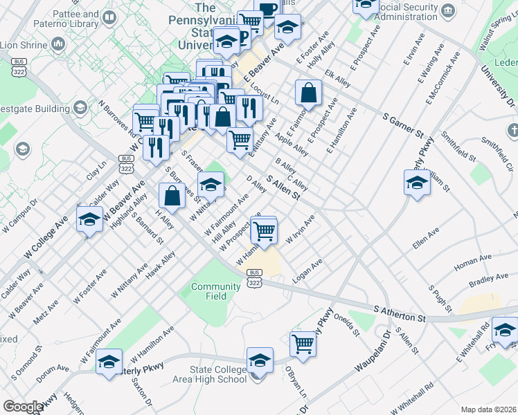 map of restaurants, bars, coffee shops, grocery stores, and more near 138 Walnut Street in State College