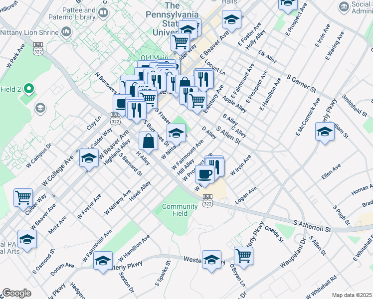 map of restaurants, bars, coffee shops, grocery stores, and more near 215 Robin Alley in State College