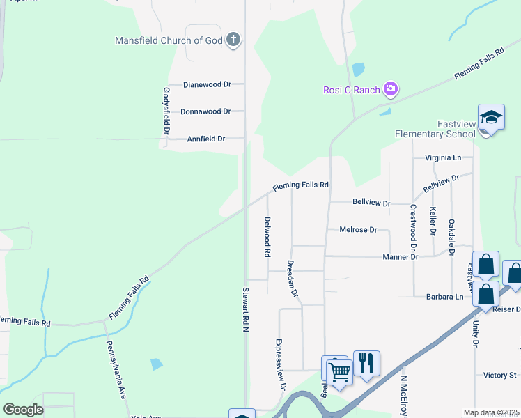 map of restaurants, bars, coffee shops, grocery stores, and more near 1134 Stewart Road North in Mansfield