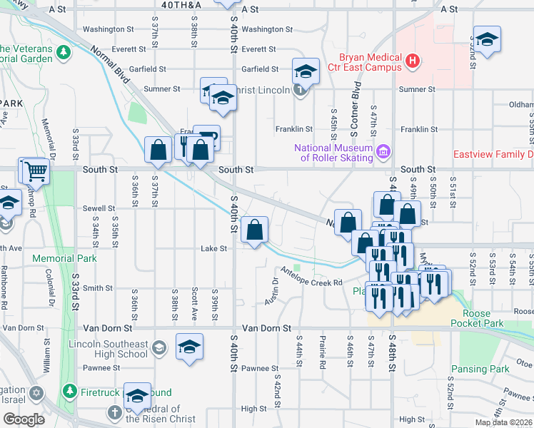 map of restaurants, bars, coffee shops, grocery stores, and more near 4101 Normal Boulevard in Lincoln